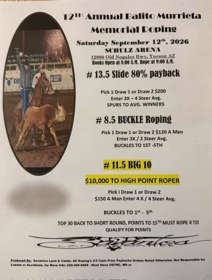 Tucson, AZ-12th Annual Balito Murrieta Memorial Roping flyer